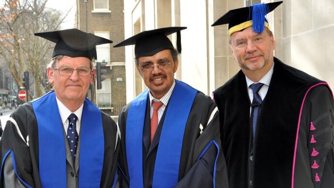 Dr Tedros (centre) receives his Honorary Fellowship from LSHTM in 2012, pictured alongside the school's Prof Brian Greenwood and Prof Peter Piot (Credit LSHTM)