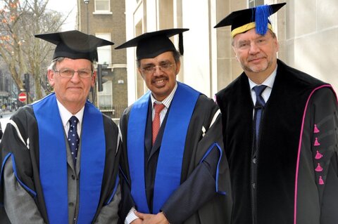Dr Tedros (centre) receives his Honorary Fellowship from LSHTM in 2012, pictured alongside the school's Prof Brian Greenwood and Prof Peter Piot (Credit LSHTM)