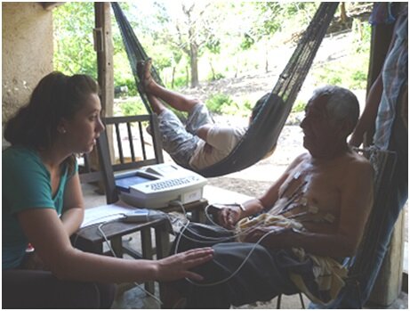 A patient has an echocardiogram (ECG) as part of a community Chagas study in Chiple, Department of Cajamarca, Perú.