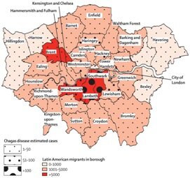 Spatial distribution of Latin American migrants and estimated Chagas disease cases in boroughs of London, 2011