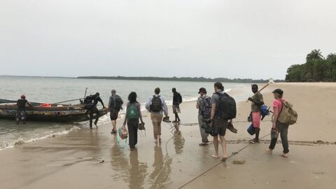 Researchers from LSHTM leaving Rubane island following a mosquito survey. Image courtesy LSHTM