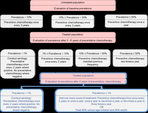 Recommended programmatic adaptations (outlined in blue boxes) to the current WHO guidelines (in black boxes; using 75% coverage of SAC) showing the frequency of preventive chemotherapy to be carried out according to the prevalence in SAC in the region, where low prevalence < 10%, moderate prevalence between 10-50% and high prevalence ≥ 50%. From Toor et al 2018